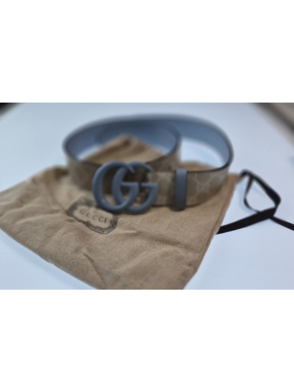 Gucci GG Marmont Belt Grey Buckle Beige GG Supreme Canvas 80/32 Italy 400593